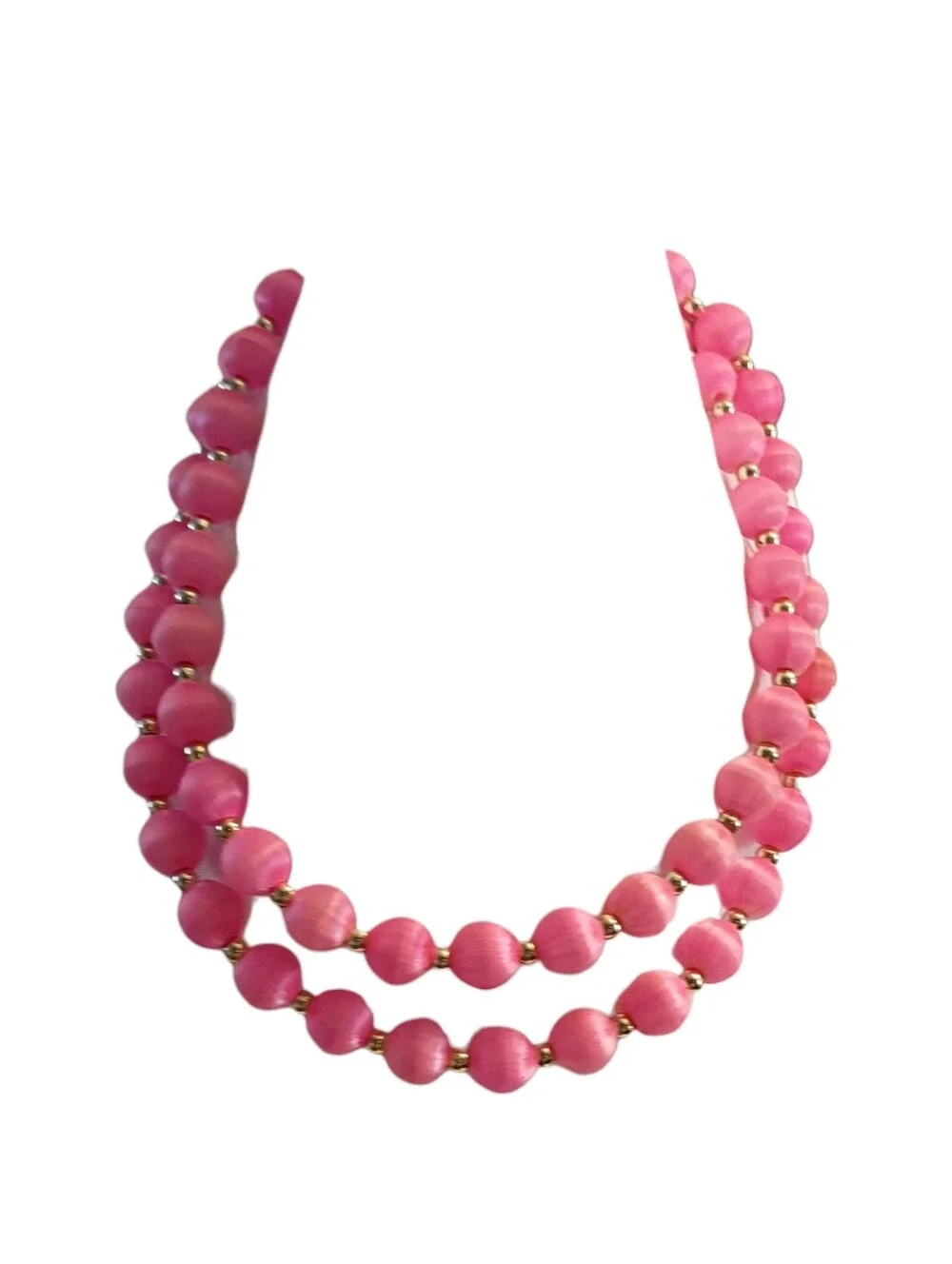 Vintage Pink Beaded Necklace Round satin Beads with Gold-Tone Spacers,